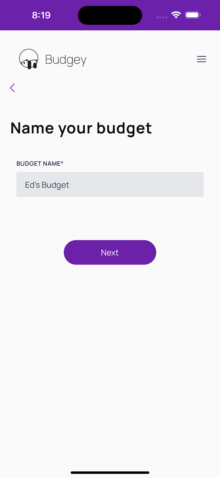 Budget name screen