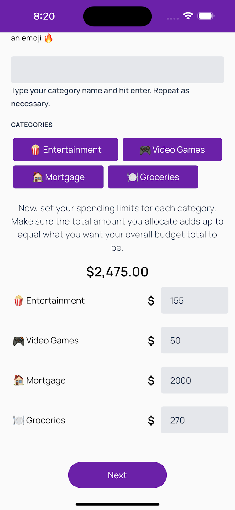 Budget create categories screen