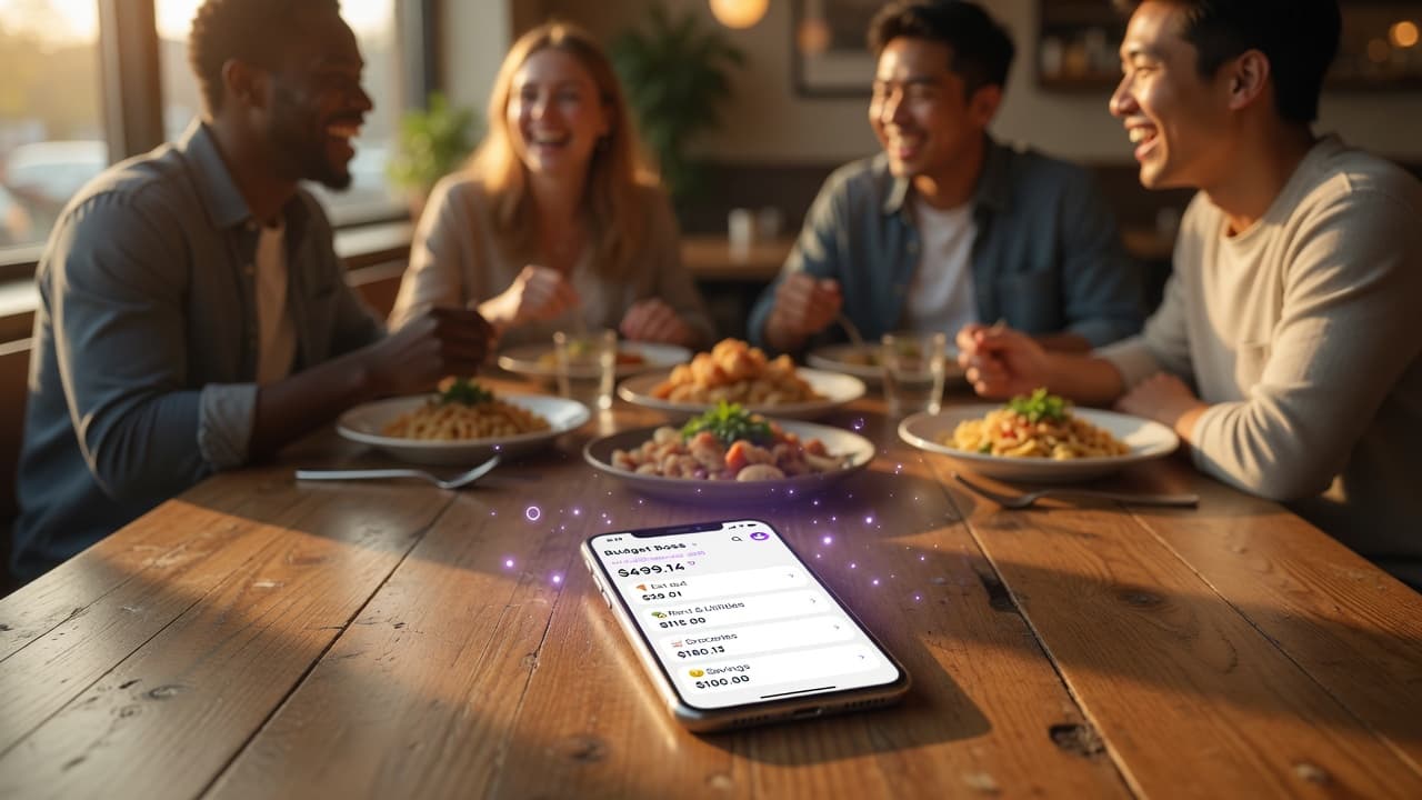 Friends enjoying dinner stress-free, phone on the table with budget already covered