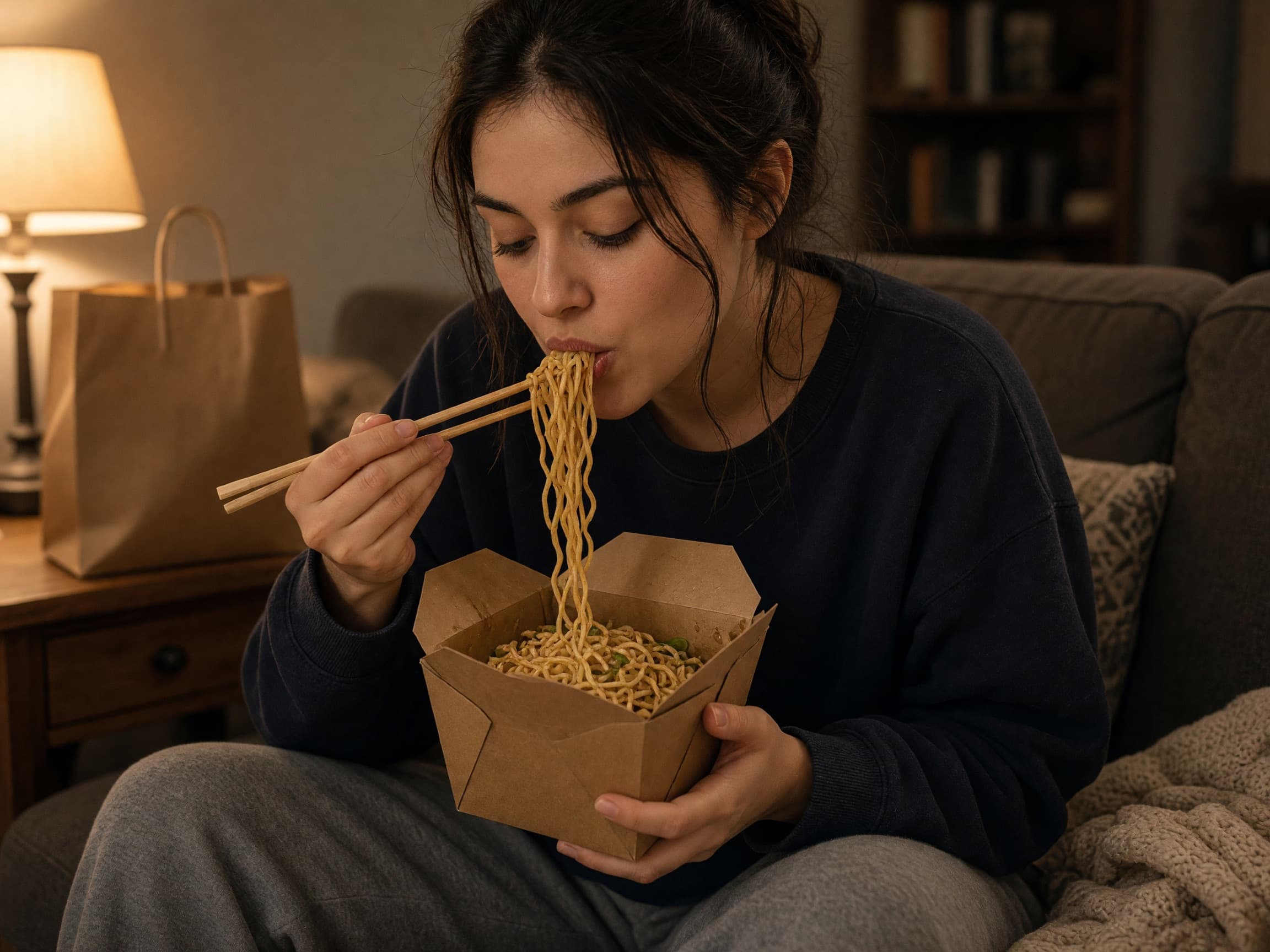 Late-night takeout on the couch