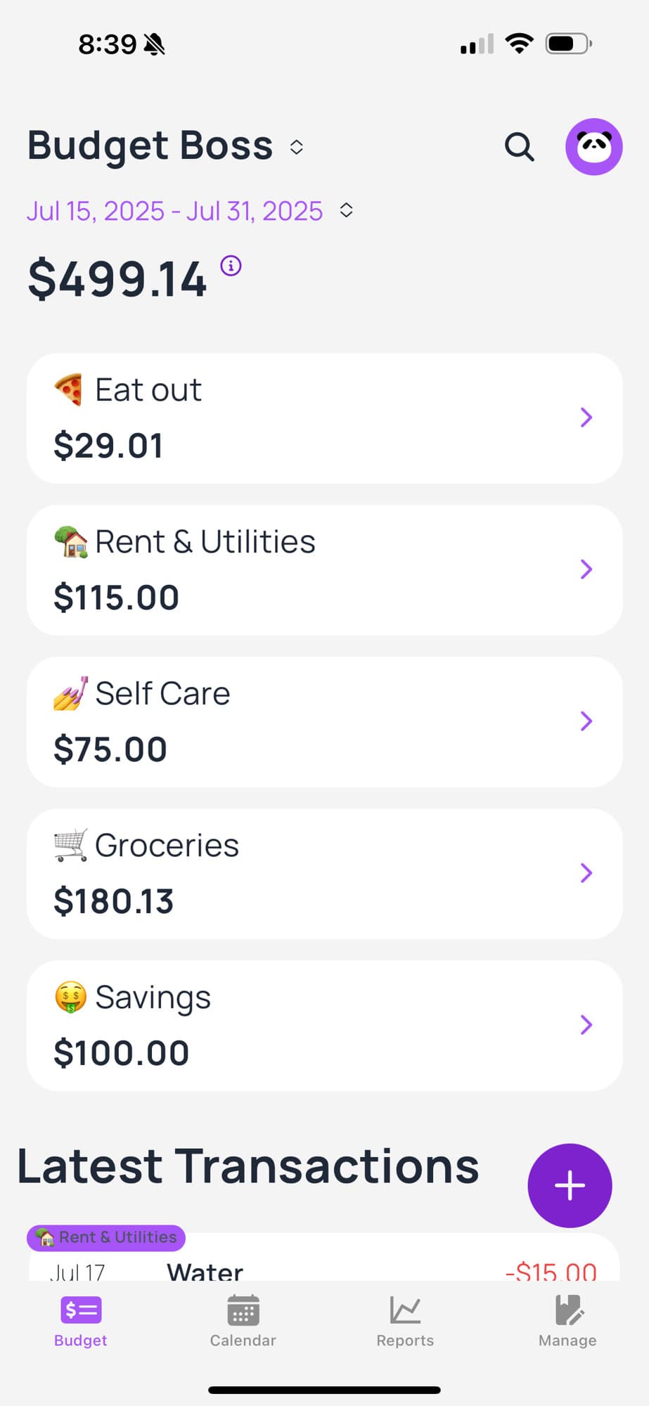 Budgey budget home screen showing categories and remaining balance
