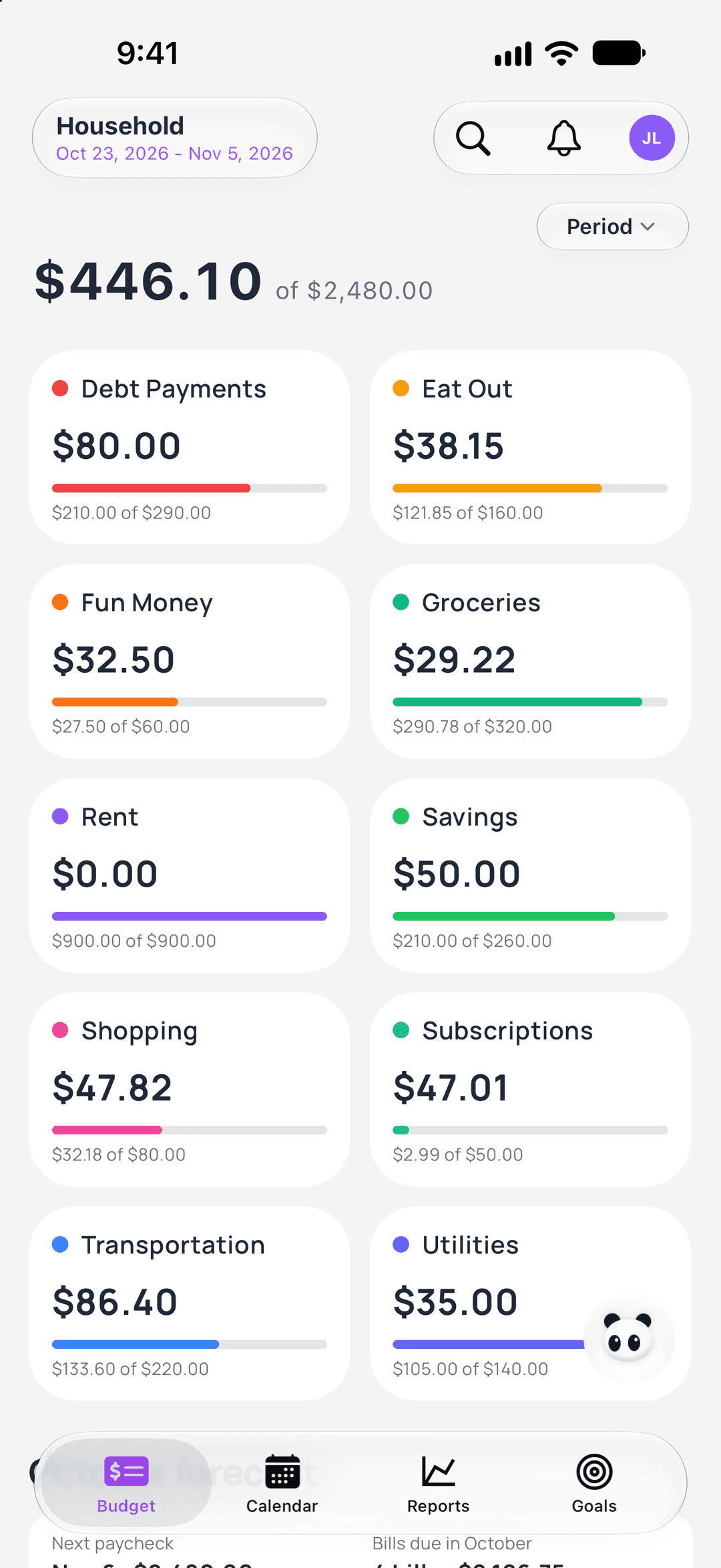 Budgey budget screen showing $446.10 left of $2,480.00 for the Oct 23 to Nov 5 pay period, with categories like Groceries, Rent, and Subscriptions