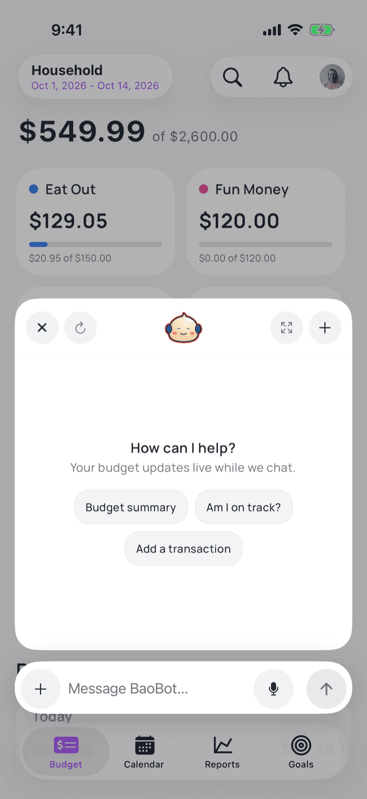 BaoBot chat open over a Budgey budget, offering a budget summary, an on-track check, or adding a transaction