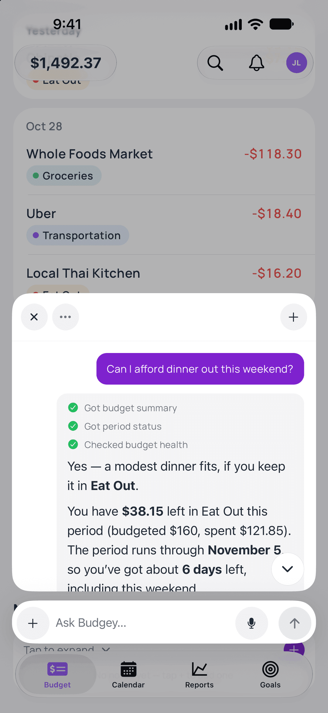 Budgey chat open over a Budgey budget, answering whether dinner out fits with $38.15 left in Eat Out this pay period
